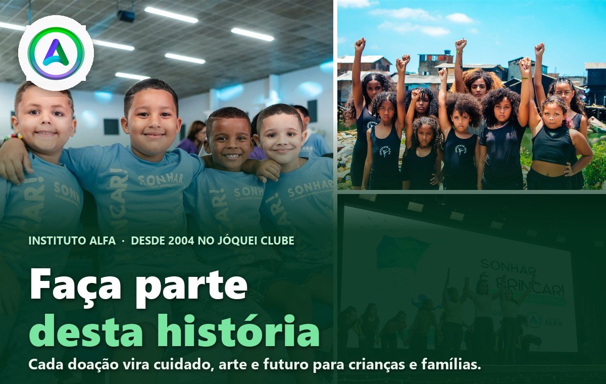 Crianças e adolescentes do Instituto Alfa sorrindo e se apresentando, com a mensagem: Faça parte desta história. Cada doação vira cuidado, arte e futuro para crianças e famílias.