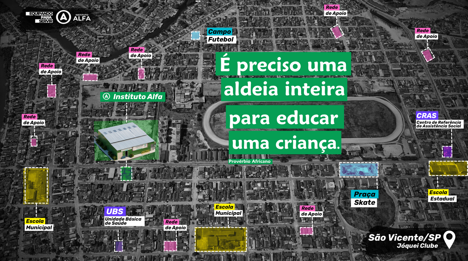 Mapa aéreo do bairro Jóquei Clube em São Vicente/SP mostrando o Instituto Alfa e a rede de apoio ao redor: escolas municipais e estaduais, UBS, CRAS, campo de futebol, praça de skate e pontos de rede de apoio.